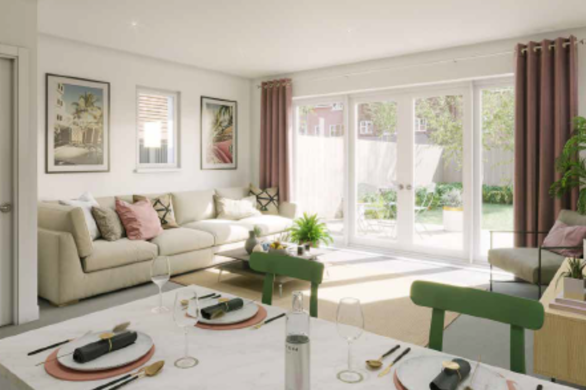 Bright and airy living space with a beige sofa, dining area set for two, and large patio doors opening to a garden.