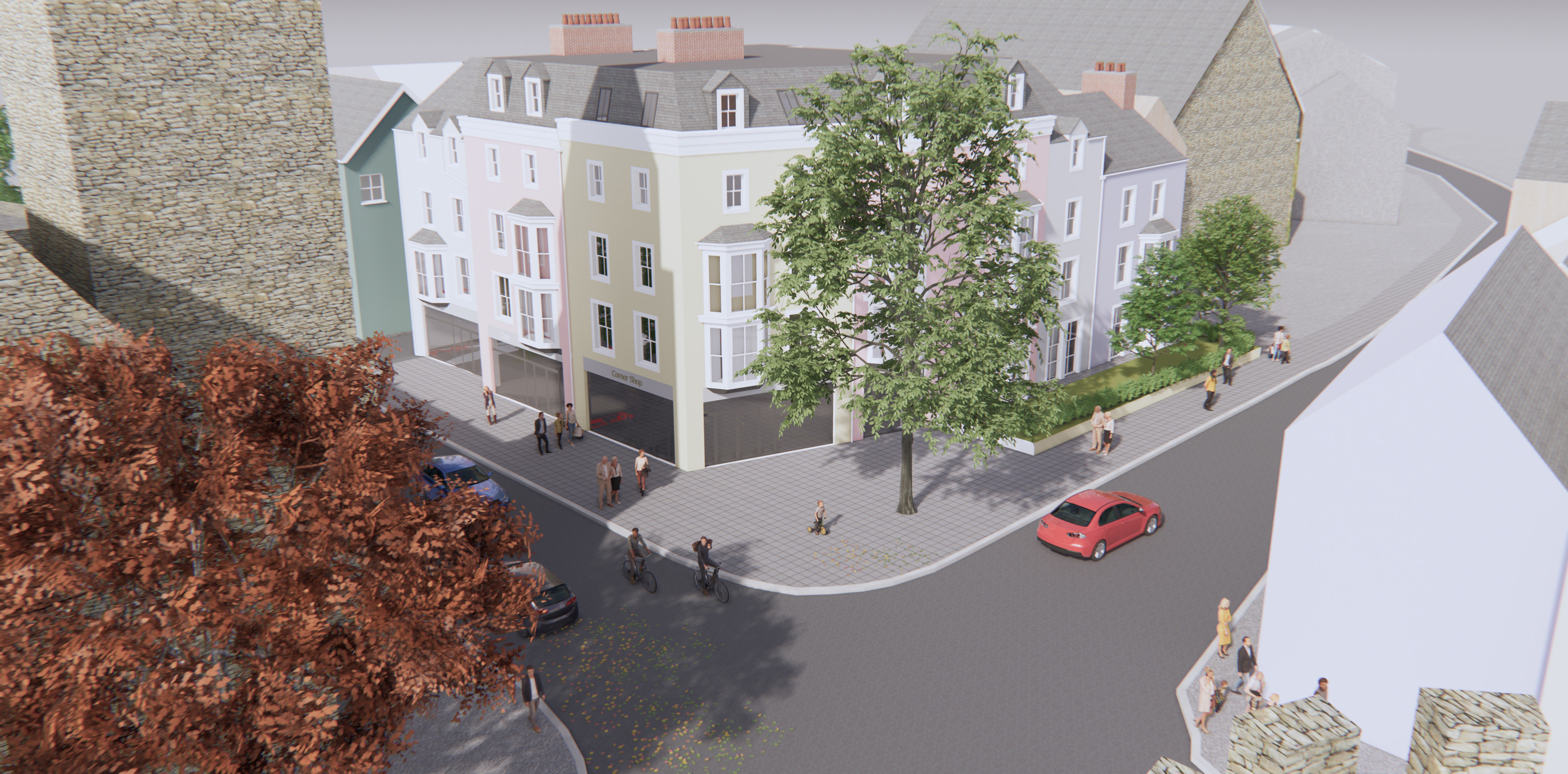 Architectural rendering of a street scene with pastel-coloured townhouses, pedestrians, and cars on a sunny day.