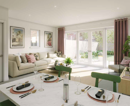 Bright and airy living space with a beige sofa, dining area set for two, and large patio doors opening to a garden.