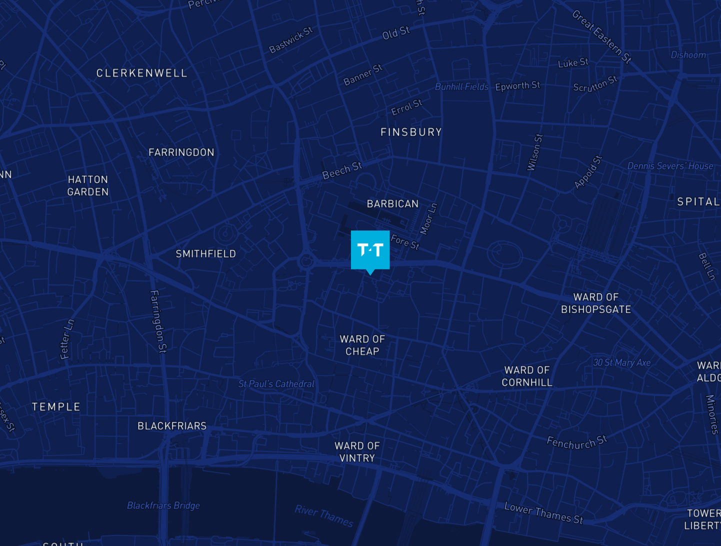 A dark blue map of central London highlighting an area near the Barbican and Smithfield, with a blue marker labelled 'TT' placed around the 'Ward of Cheap'. Surrounding areas include Clerkenwell, Farringdon, Finsbury, and Temple.